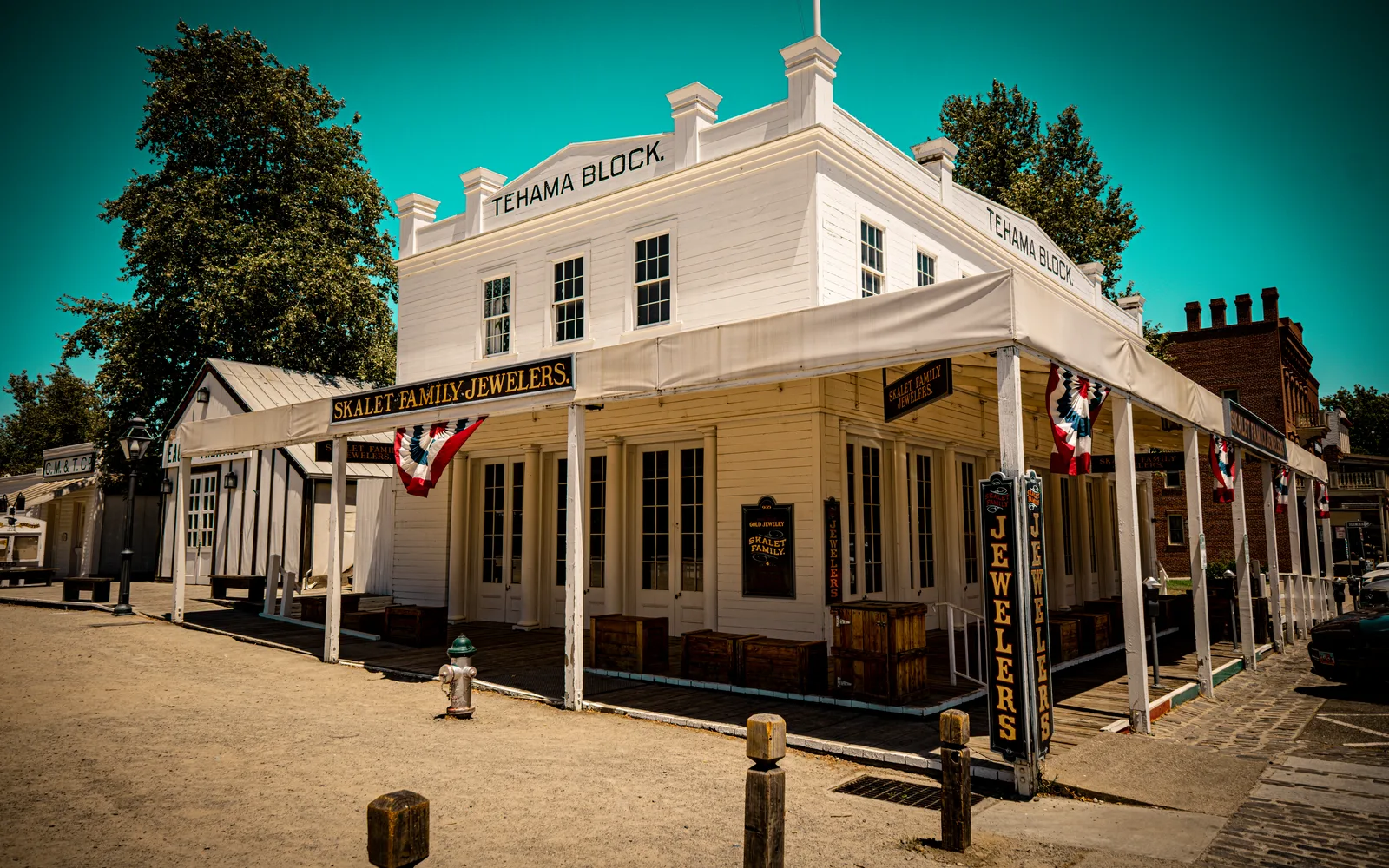 Historic Tehama Block Building in Old Sacramento featuring period architecture characteristic of the Gold Rush era
